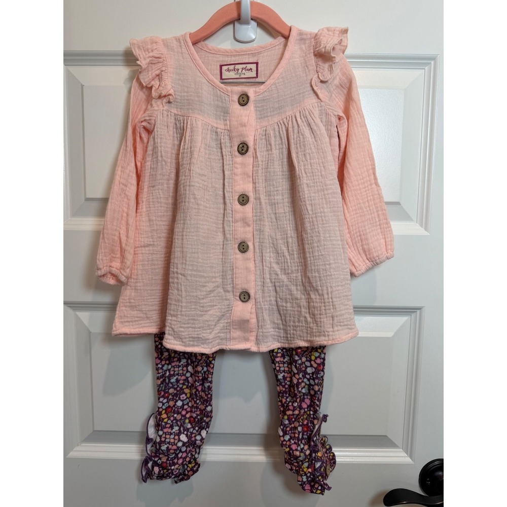 31. Cheeky Plum Girls 3T Peach Gauze Tunic and Floral Ruffle Leggings Set